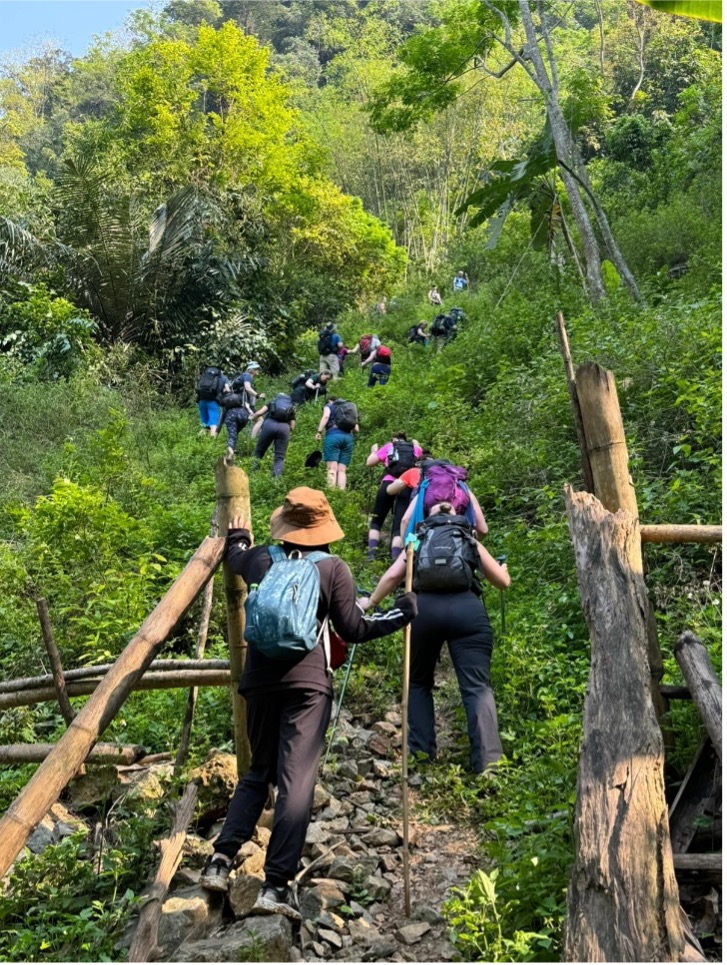 Group of trekkers climbing jungle terrain in Vietnam 