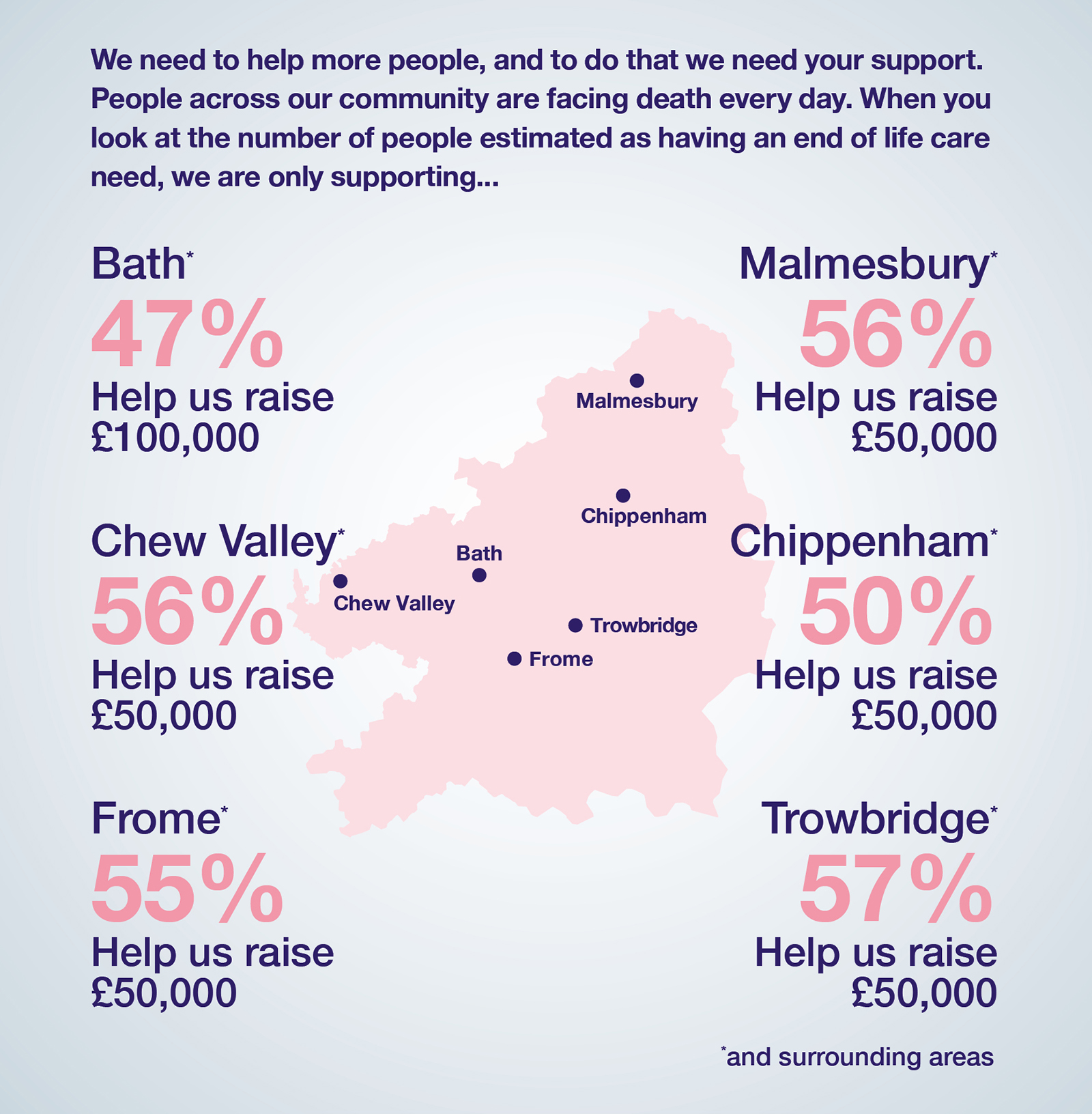 Map graphic illustrating where our champions will be fundraising for the Bridge the Gap Appeal